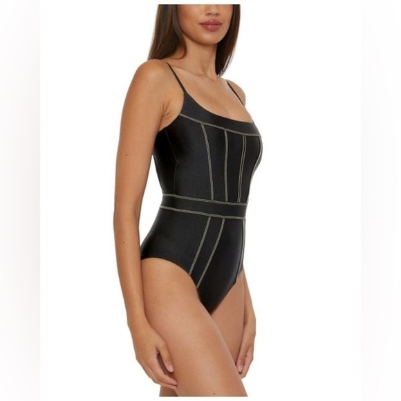 NWT Becca Black Sheen Corset-seamed One-piece Swimsuit - Picture 3 of 6